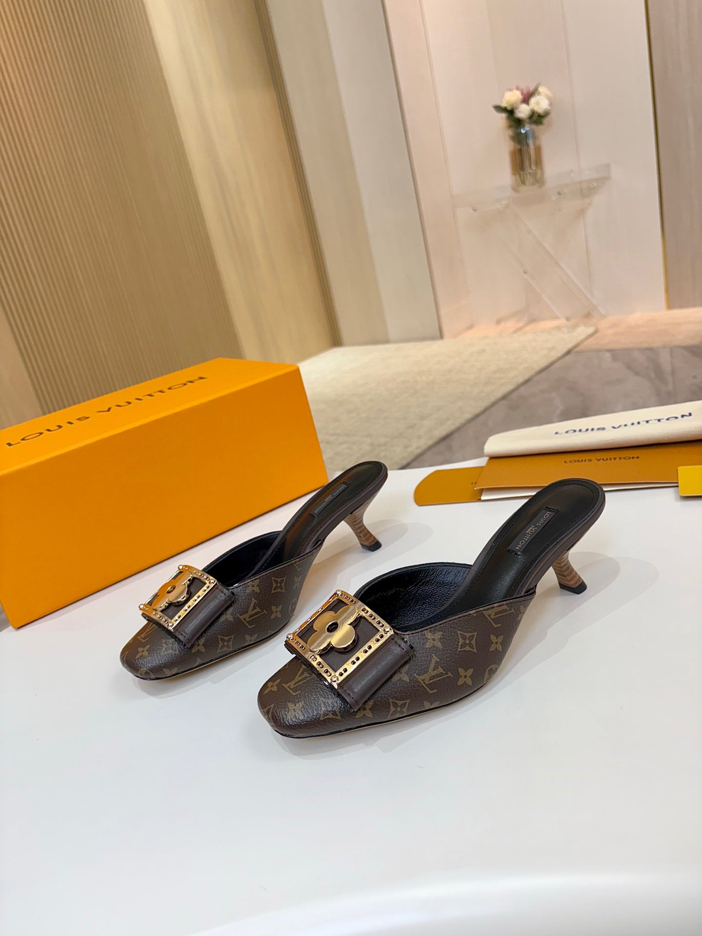 Louis Vuitton women's mule shoes, monogram fabric with gold square buckle on black trim