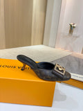 Louis Vuitton women's mule shoes in dark monogram with gold buckle, black leather trim