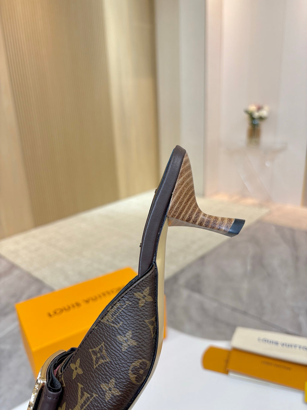 Louis Vuitton mule shoe profile with monogram side panel and slender heel