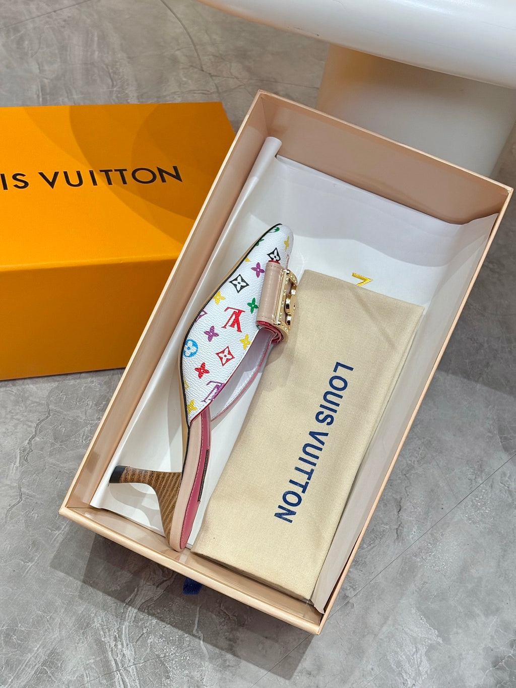 Louis Vuitton ladies mules in gift box, multicolor monogram, gold buckle, pink lining