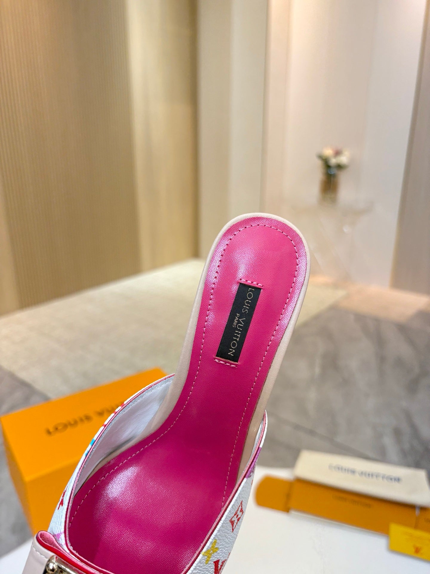 Louis Vuitton ladies mule heel, magenta pink insole, multicolor monogram strap, gold buckle detail