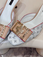 Louis Vuitton monogram mule upper with gold hardware and ribbon trim