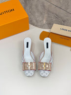 Louis Vuitton light blue slide mules with gold buckles and tan soles