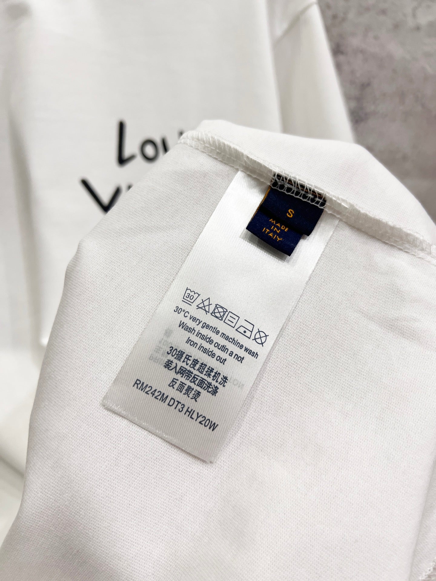 Louis Vuitton white T-shirt, care label on inner neck