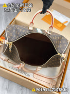 Men's monogram tote bag with open top, light handles, and gold zipper trim
