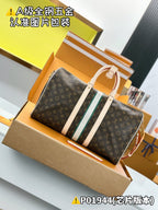 Men's monogram tote bag with light shoulder straps and green-blue center stripe