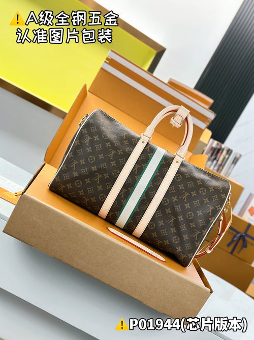Men's monogram tote bag with light shoulder straps and green-blue center stripe