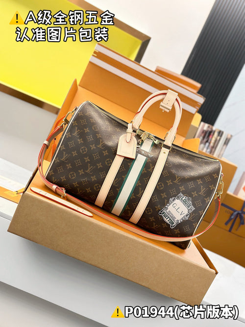 Men's monogram tote bag with light handles and green-blue center stripe