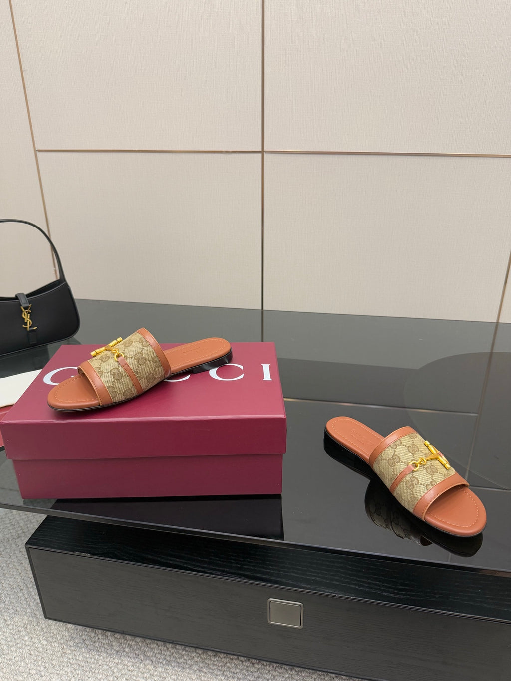 Gucci ladies slide sandals, GG canvas strap with gold buckle, tan slide sole