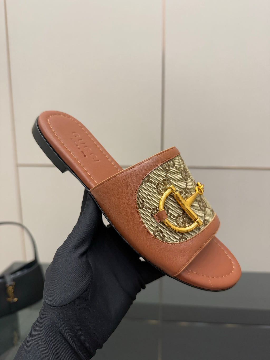 Gucci ladies slide sandals, GG canvas strap with gold buckle, tan slide sole