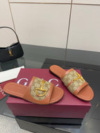 Gucci ladies slide sandals, tan edges, GG canvas strap with gold buckle