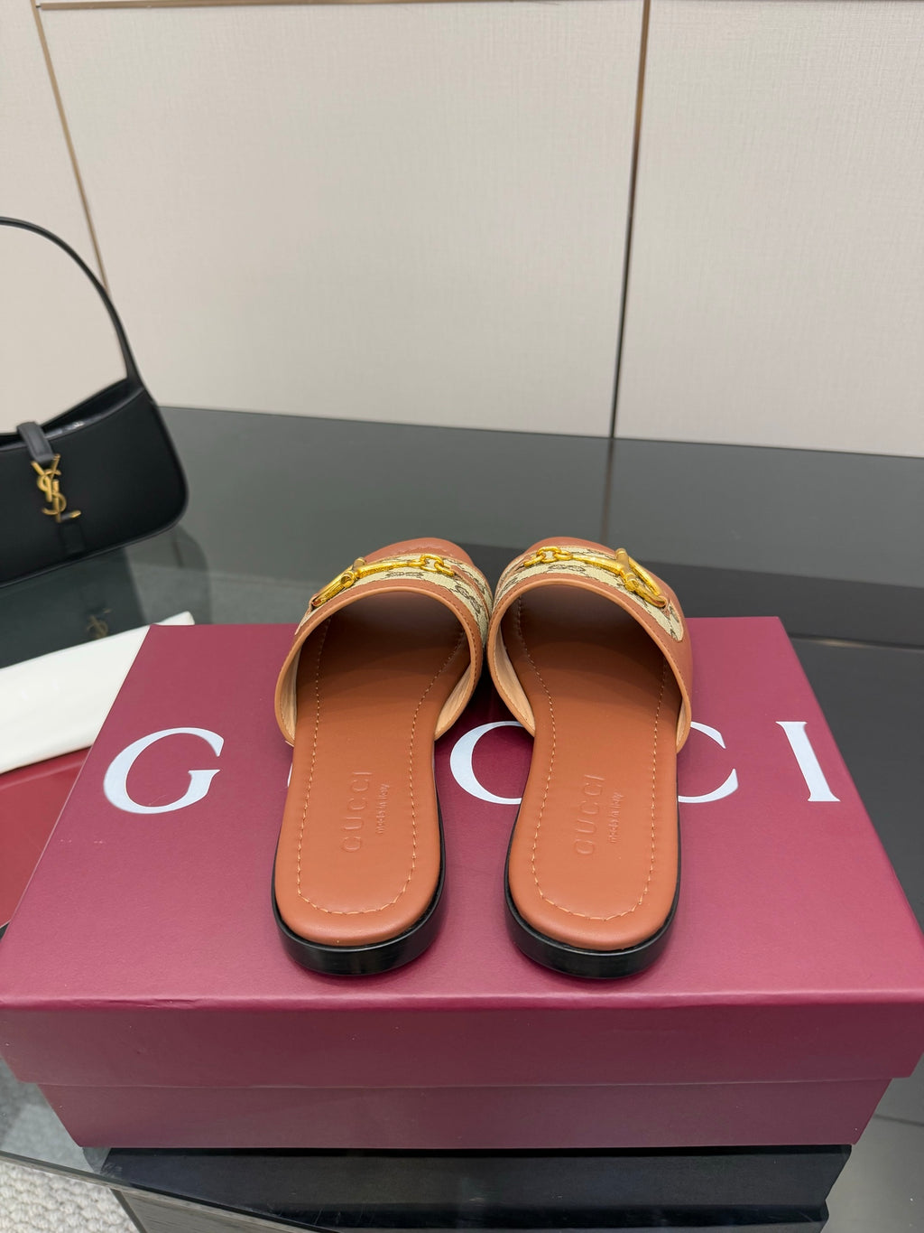Gucci ladies slide sandals, open toe, GG canvas strap with gold buckle