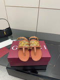 Gucci ladies thong sandals, tan leather-look straps with gold logo buckle hardware