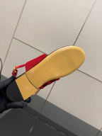 Gucci red sandals outsole view with tan bottom and red upper