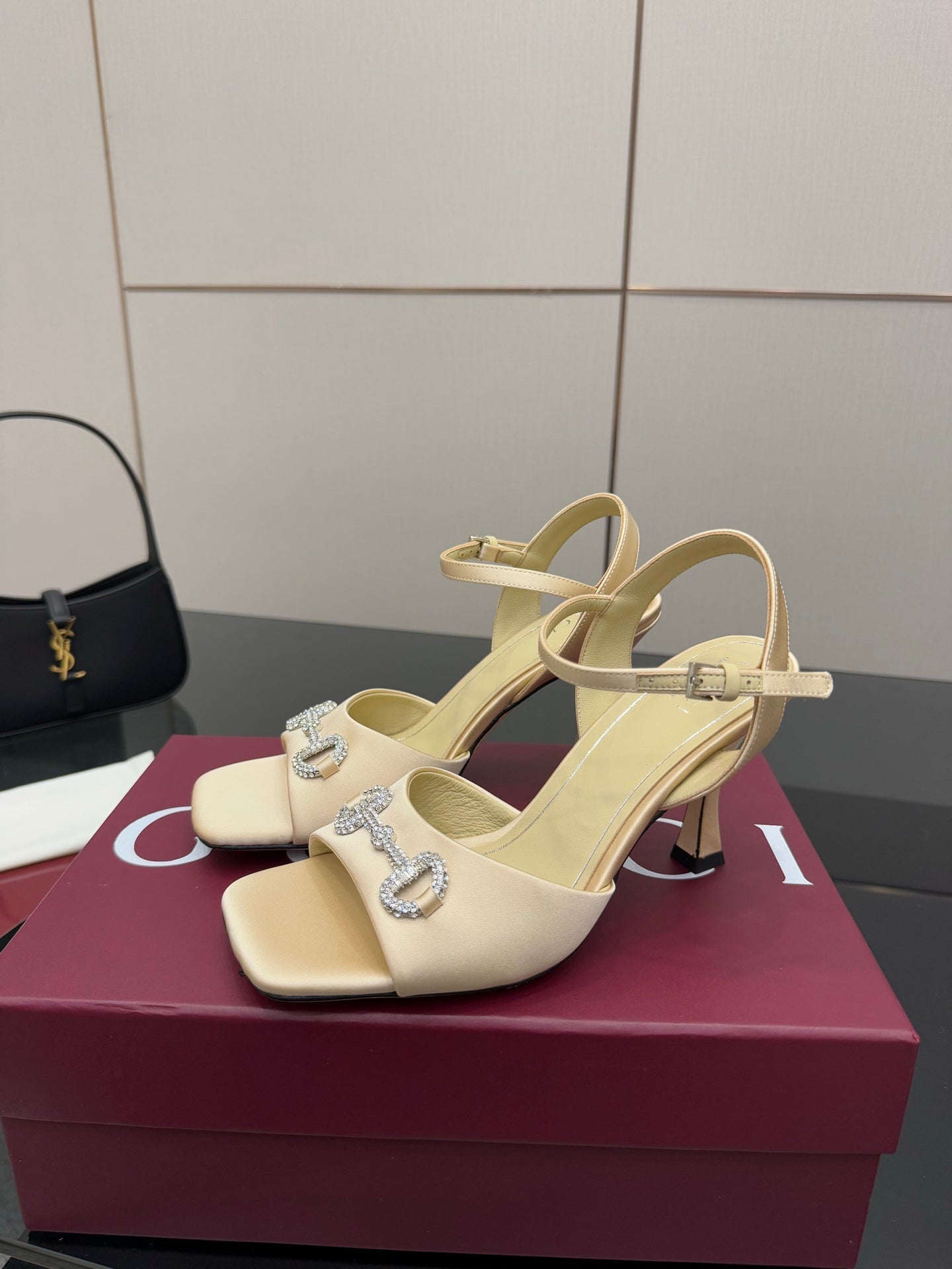 Gucci ladies cream slingback stiletto heels with rhinestone strap ornament