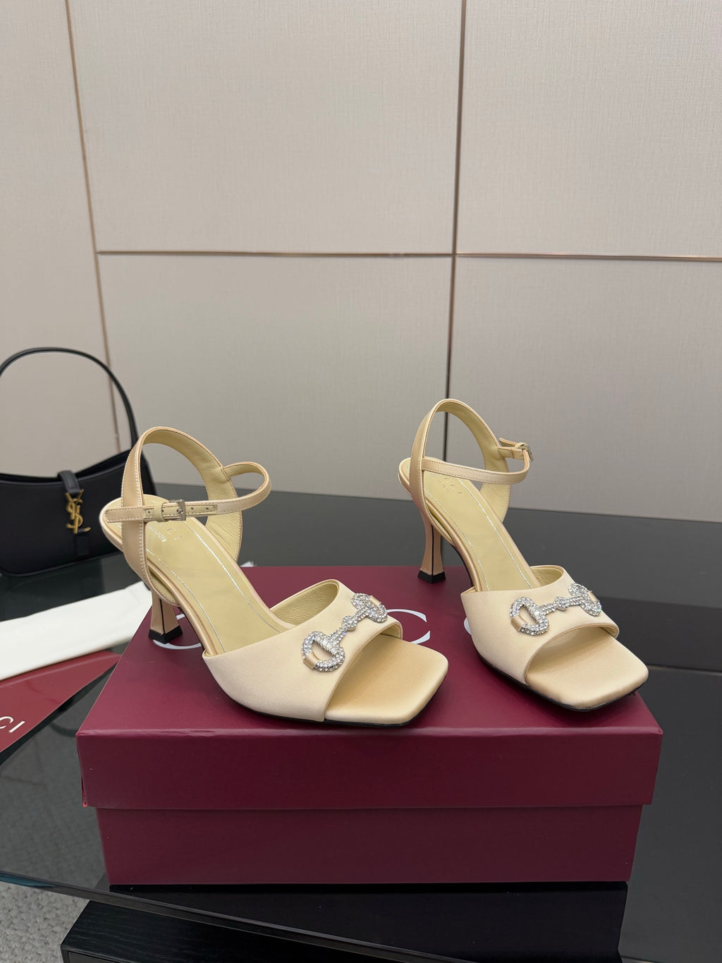 Gucci ladies cream slingback stiletto heels with rhinestone logo detail