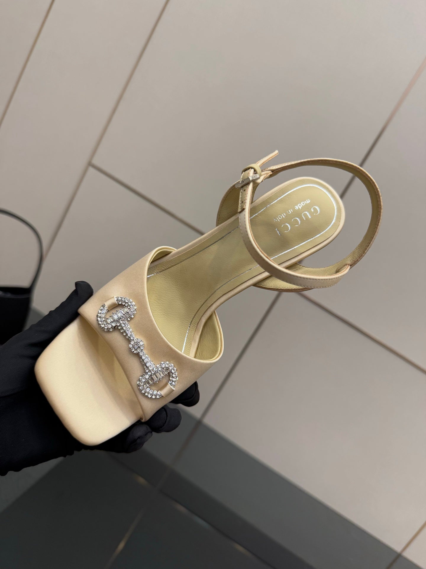 Gucci ladies cream slingback heels with rhinestone buckle and open toe view