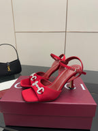 Red Gucci slingback heels with rhinestone horsebit buckle and ankle strap