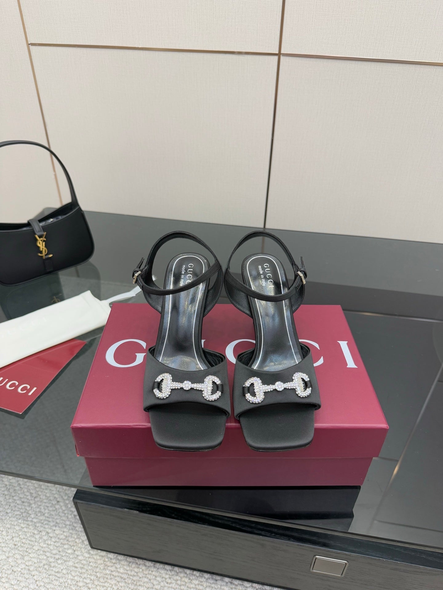 Gucci ladies open-toe heeled sandal in black with silver-tone logo detail