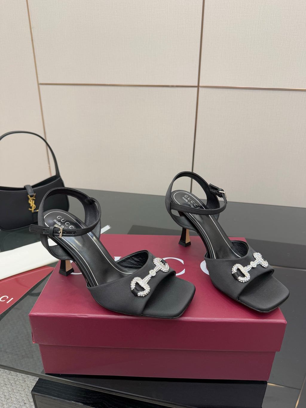 Gucci ladies open-toe heeled sandal, black upper with silver-tone hardware accent