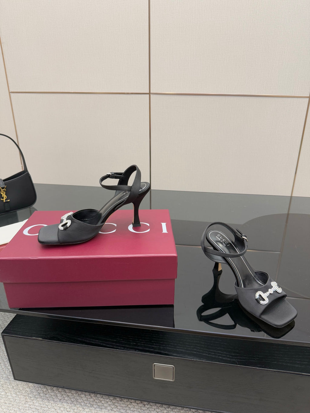 Gucci ladies open-toe heeled sandal, black with silver-tone logo detail on strap