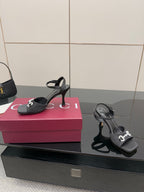 Gucci ladies open-toe heeled sandal, black with silver-tone logo detail on strap