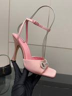 Gucci ladies pink open-toe heeled sandal with rhinestone buckle and ankle strap
