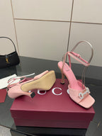 Gucci ladies pink satin slingback heels with open toe and crystal buckle detailing