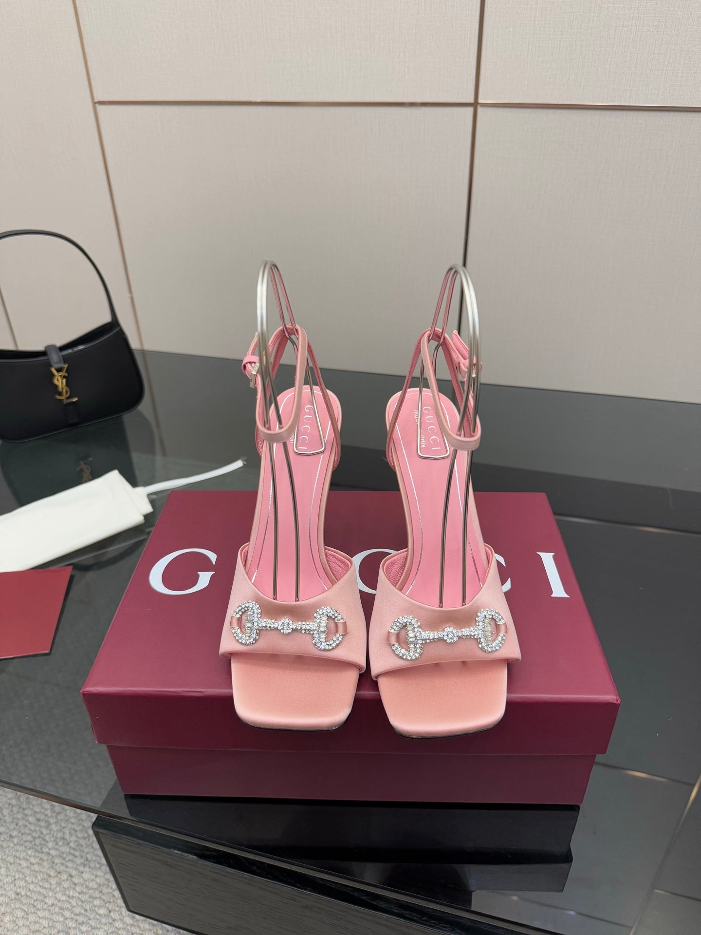 Gucci ladies pink satin heeled sandals with open toe and crystal buckle ankle straps