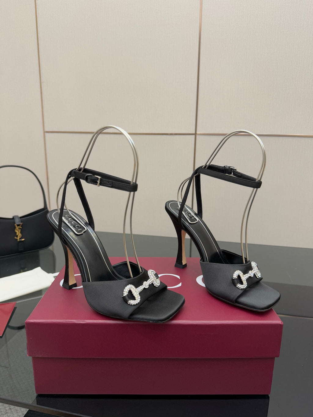 Gucci ladies black heeled sandals with silver-tone buckles and slim ankle straps