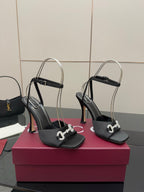 Gucci ladies black heeled sandals with silver-tone buckles and slim ankle straps