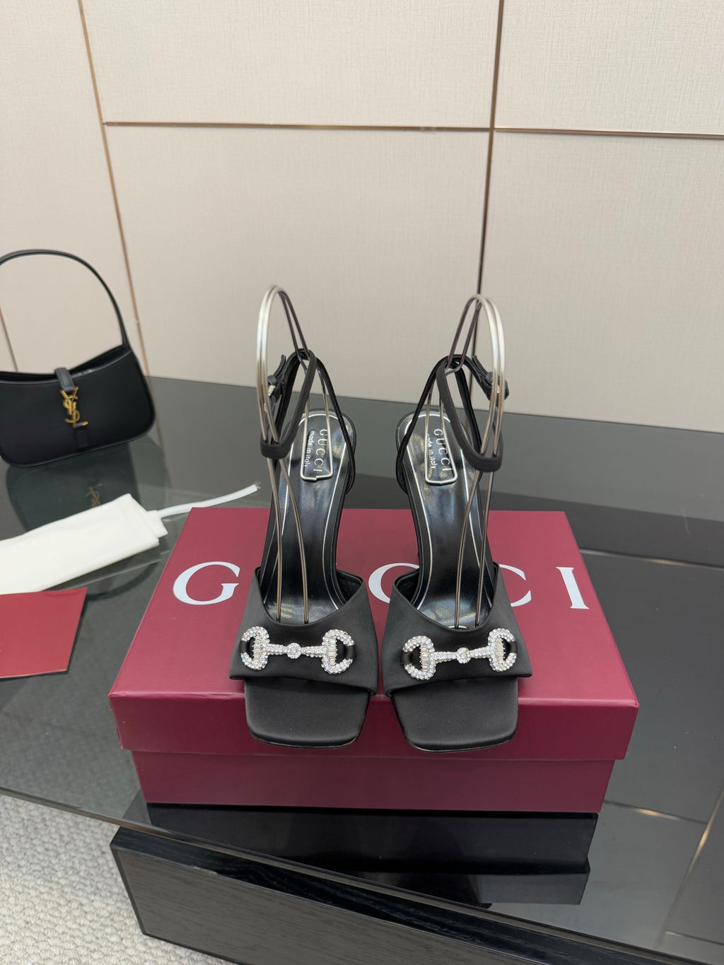 Gucci ladies black heeled sandals with silver-tone embellished ankle strap and buckle