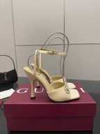 Cream heeled slingback sandal with rhinestone strap, slim stiletto heel, back strap