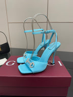 Women’s sky-blue open-toe heeled sandals with ankle strap and gold-tone chain charm