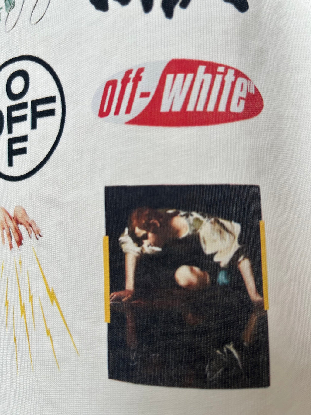 Off-White off-white T-shirt print detail with “off-white” text and photo
