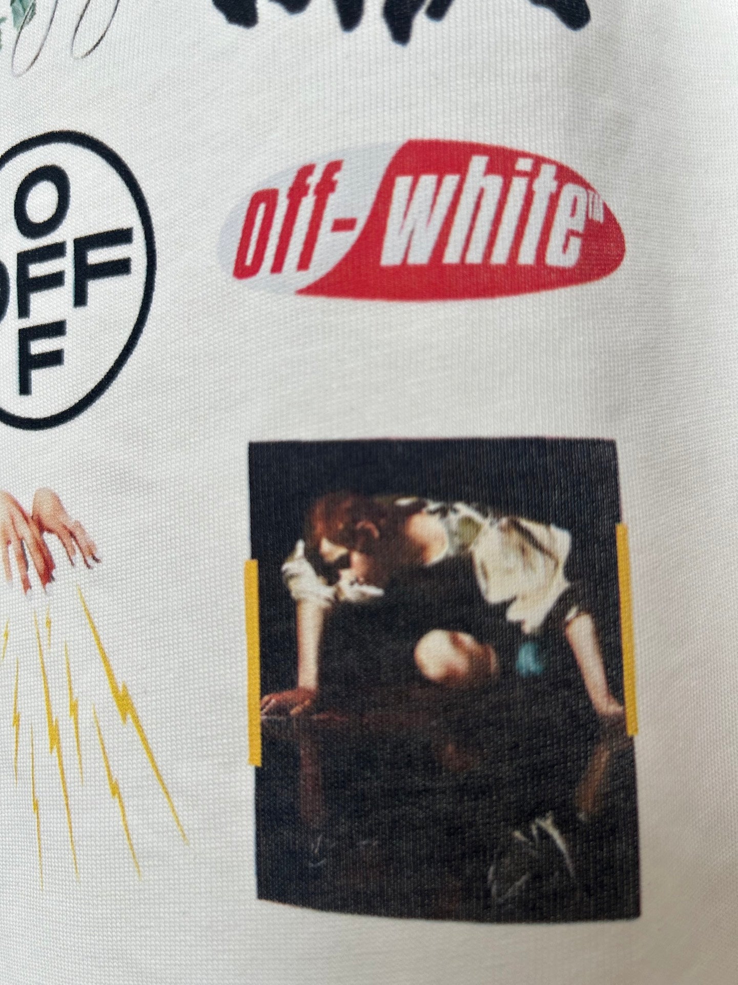 Off-White off-white T-shirt print detail with “off-white” text and photo