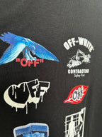 Off-White black T-shirt close-up with blue wing graphic and OFF-WHITE contracting text