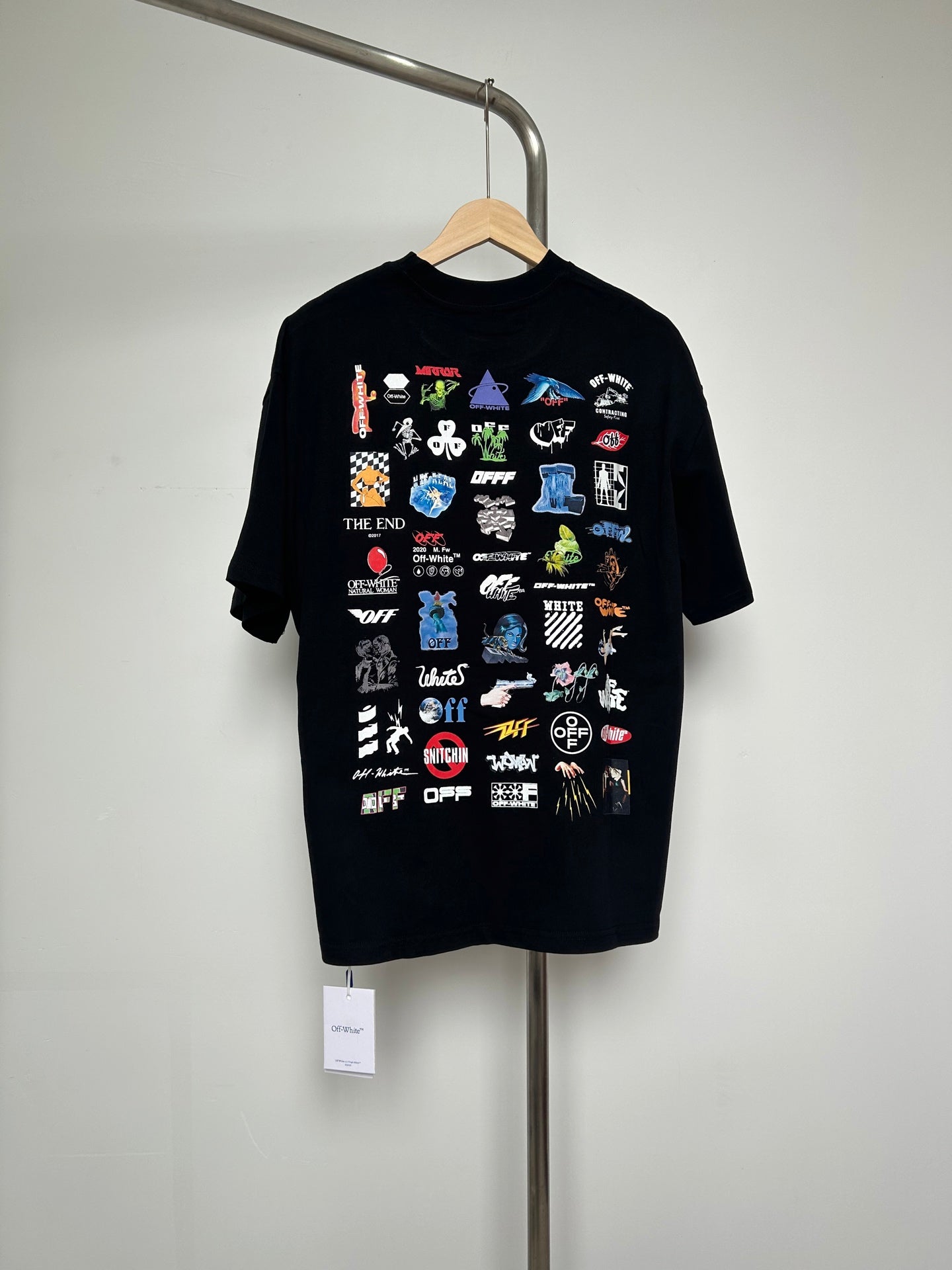 Off-White black short-sleeve T-shirt with colorful icon and character graphic collage