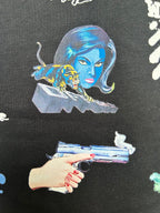 Off-White black T-shirt close-up of blue character illustration with hand holding device
