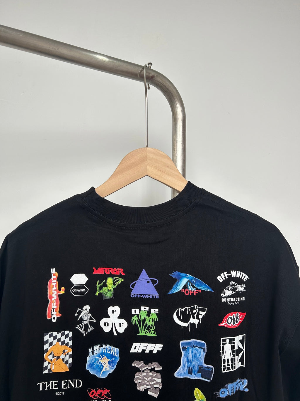 Off-White black short-sleeve T-shirt with colorful character and icon graphic design