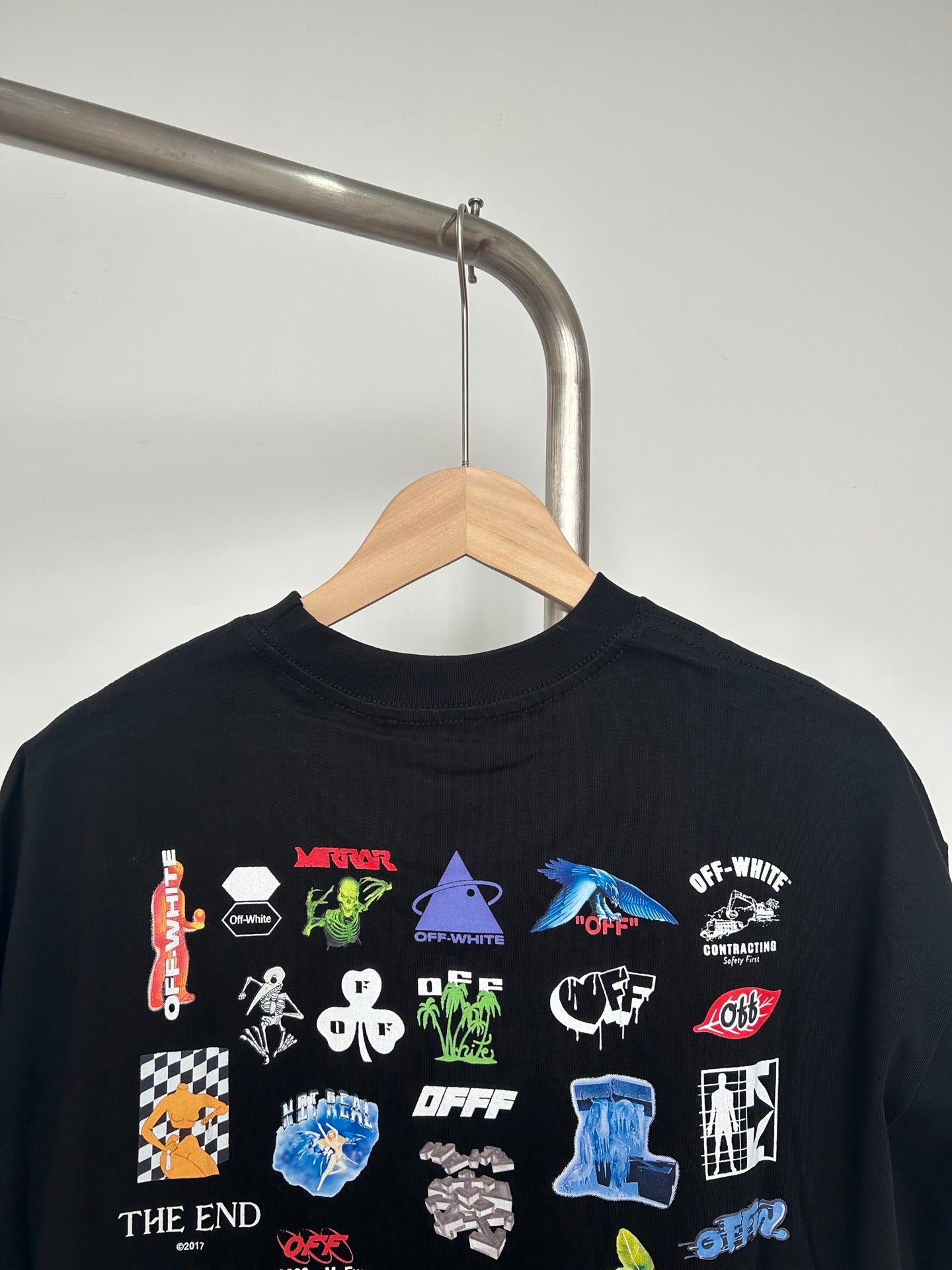 Off-White black short-sleeve T-shirt with colorful character and icon graphic design