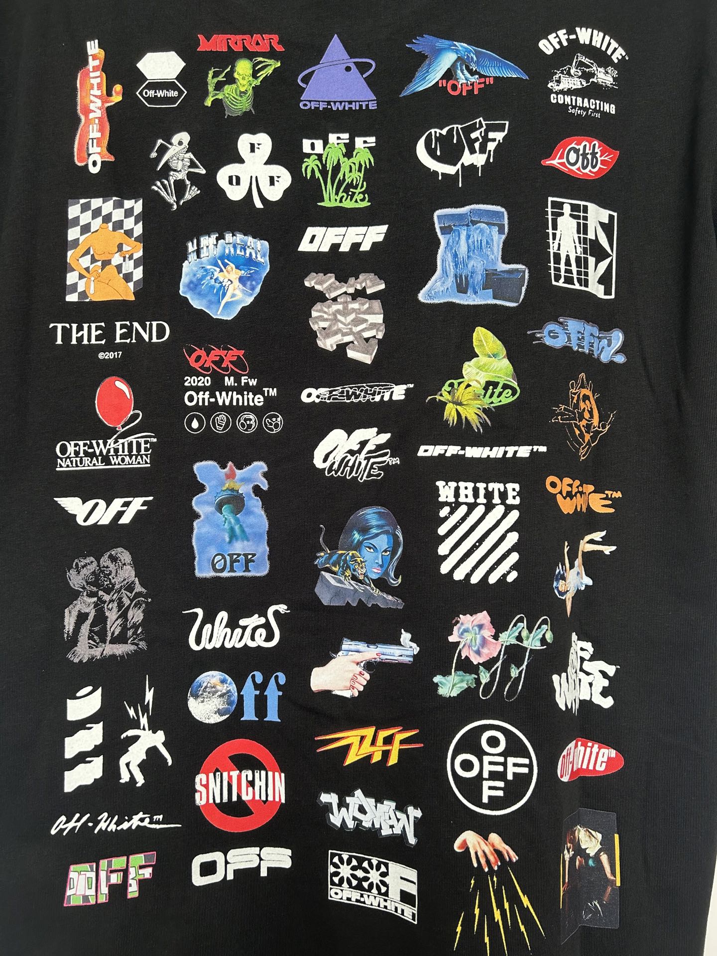 Off-White black T-shirt with large multi-icon collage graphic across the front