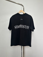 Black graphic T-shirt with white text logo and outlined character print on chest