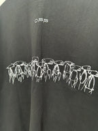 Black T-shirt with white outlined characters band across the front