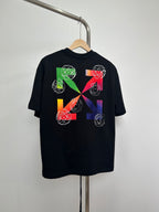 Black T-shirt with colorful geometric orbit and swirl graphic print