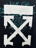 Dark short-sleeve T-shirt front graphic with white X design and teal text