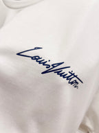 White T-shirt with blue Louis Vuitton script logo print
