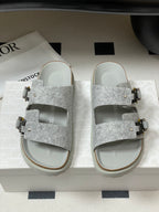 Grey Dior sandals with double wide strap, gold buckle hardware and stud accents