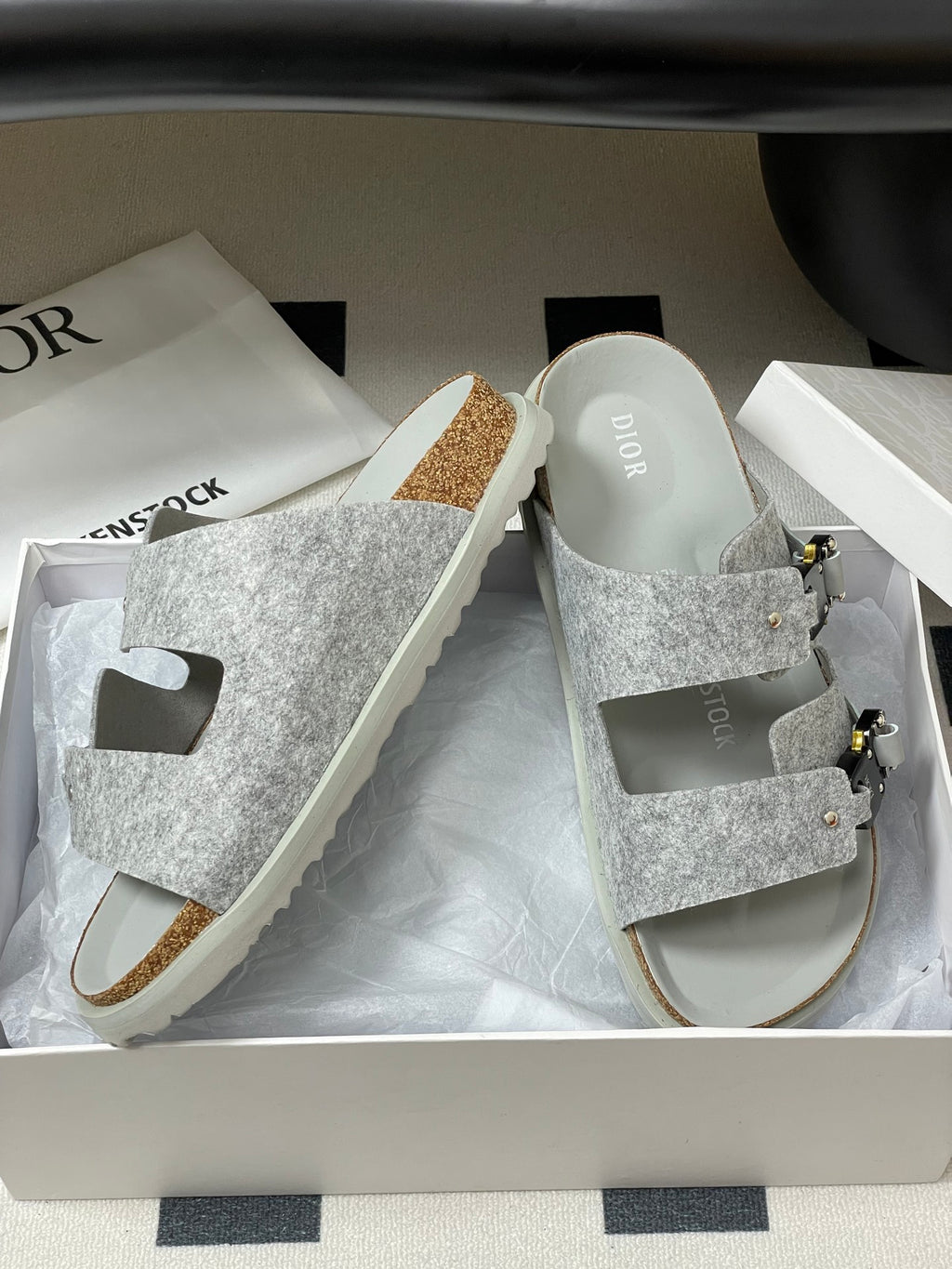 Grey Dior sandals in box, textured footbed with cork-look edge and side buckle