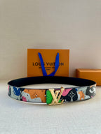 Louis Vuitton belt with colorful graphic strap and gold LV buckle centerpiece
